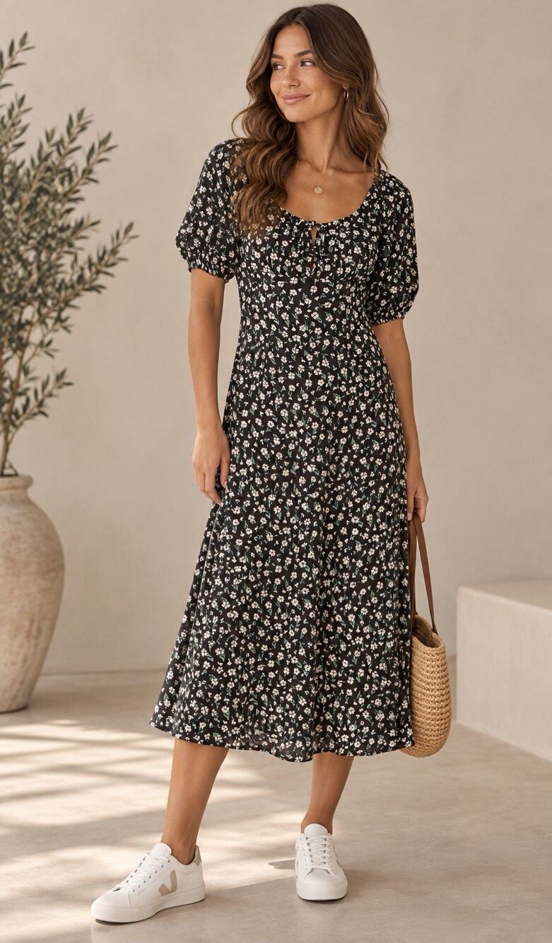 Billabong True Romance Midi Dress XS Dark Gray Floral Puff Sleeve Boho Prairie